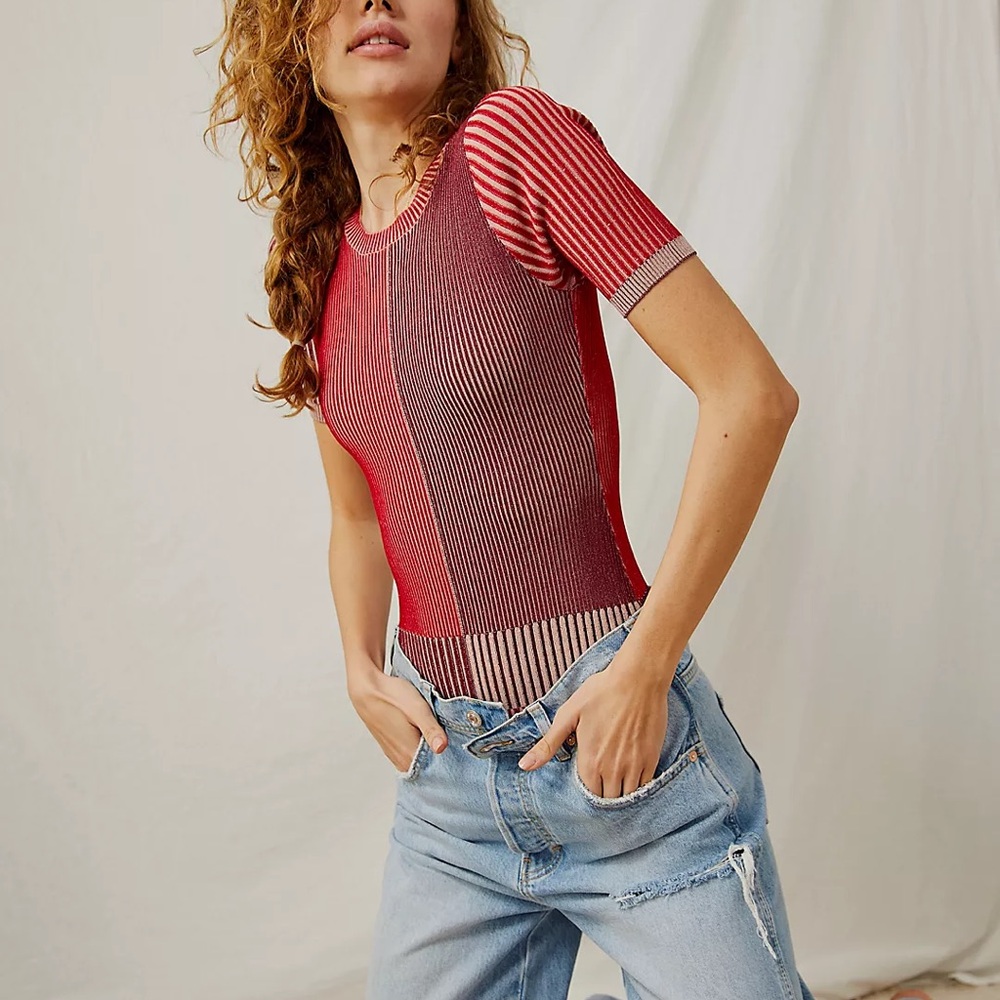 Free People Red Ribbed Block Party Bodysuit